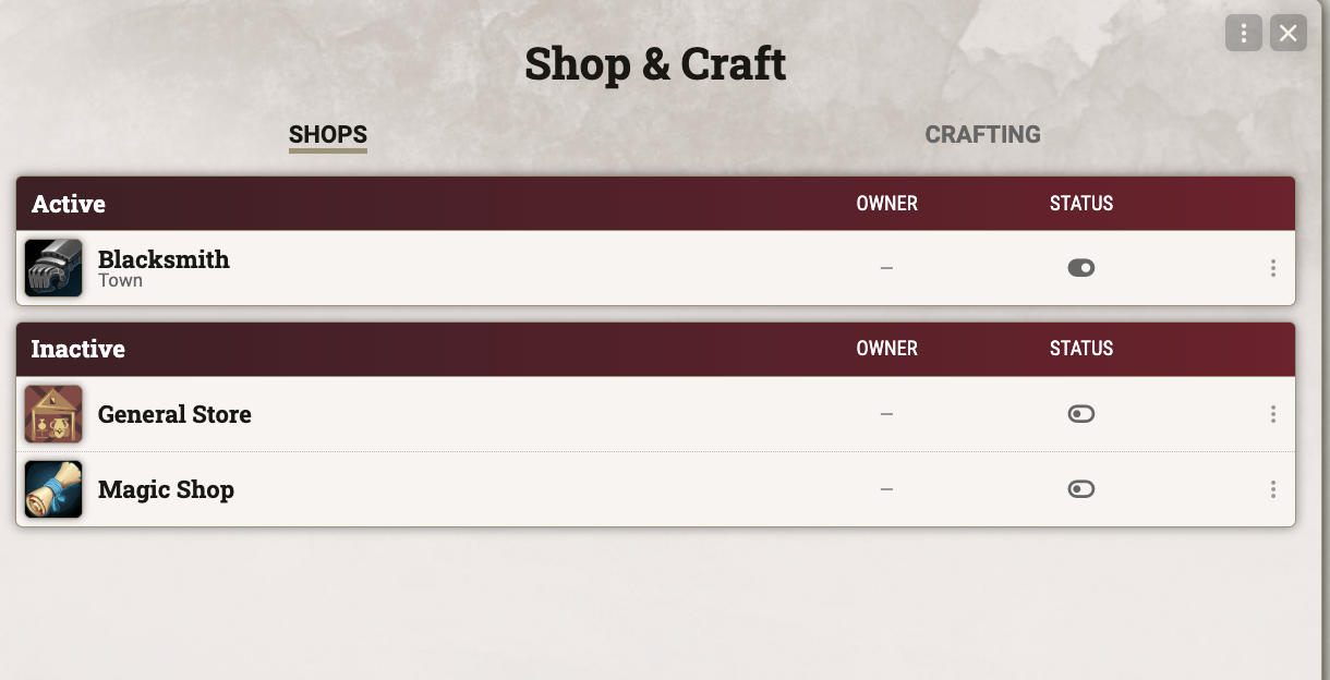 Shop Manager overview listing active and inactive shops