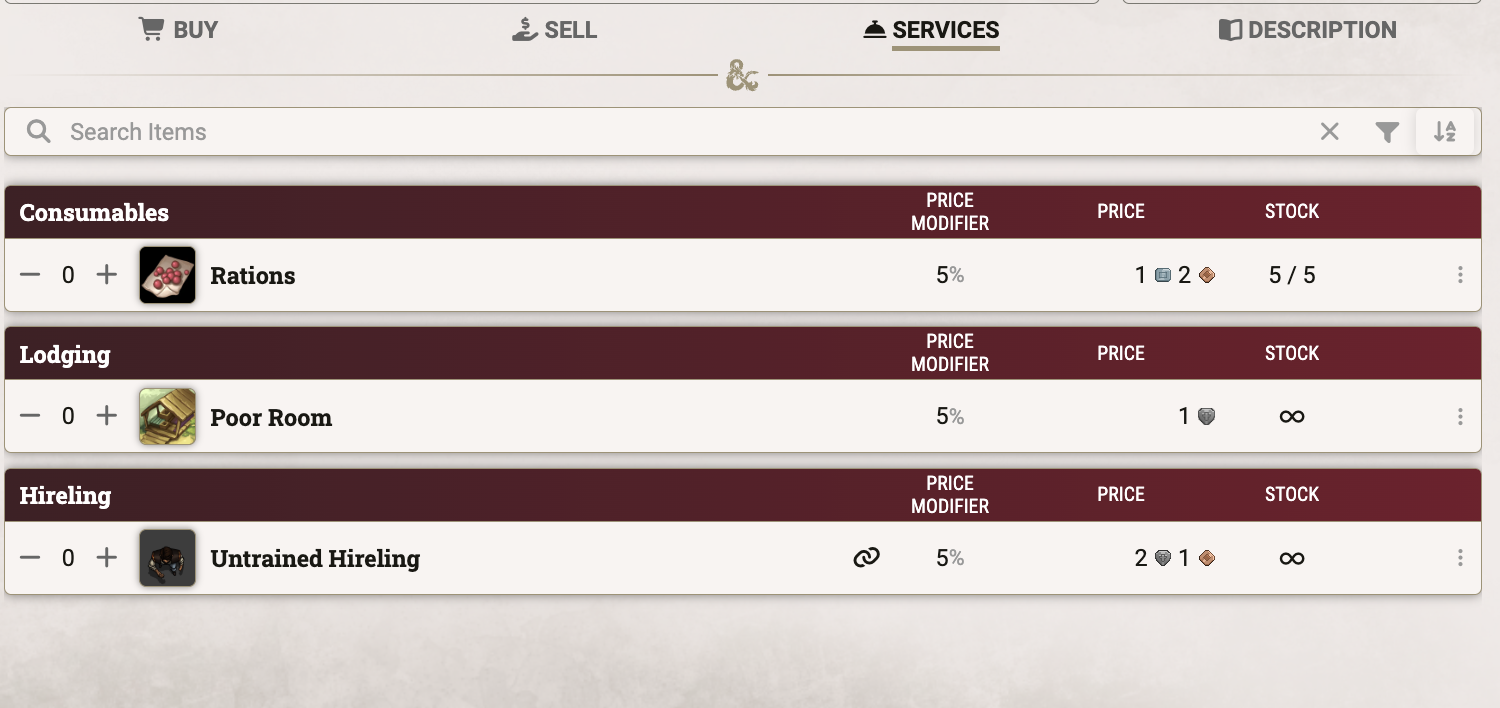 Services tab listing a service item, a lodging room, and a hireling