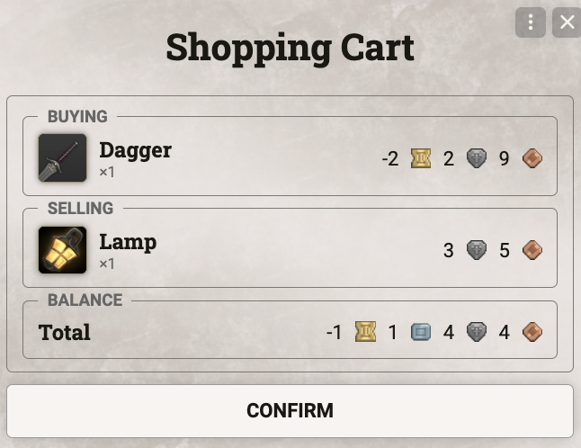 Shopping cart summarizing items to buy and sell before confirming