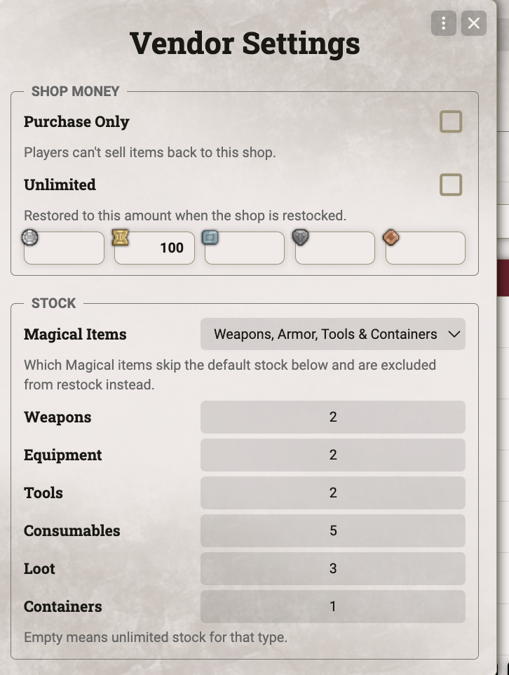 Vendor Settings
