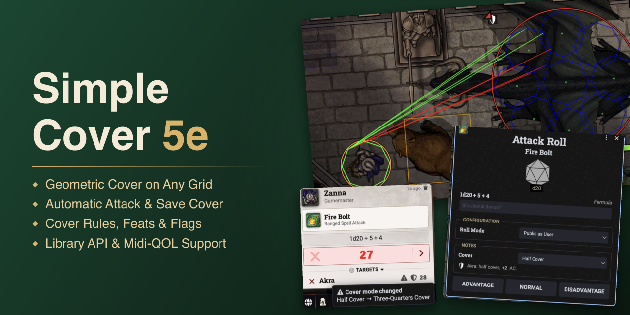 Simple Cover 5e &mdash; Geometric Cover on Any Grid · Automatic Attack & Save Cover · Cover Rules, Feats & Flags · Library API & Midi-QOL Support