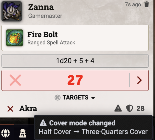 GM chat card showing a cover change warning tooltip on the target row