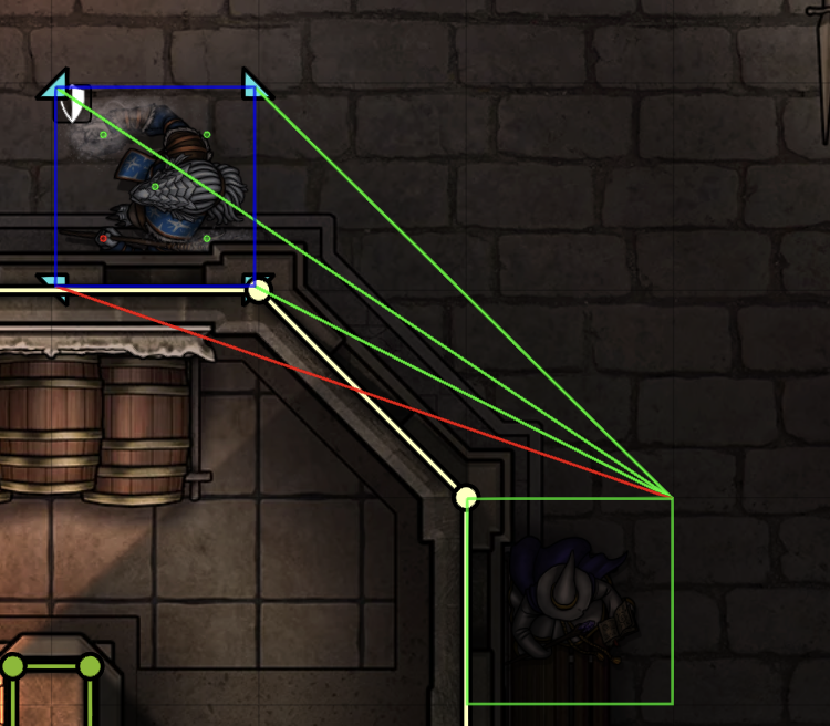 Wall line-of-sight debug points and cover rays around a blocking wall corner