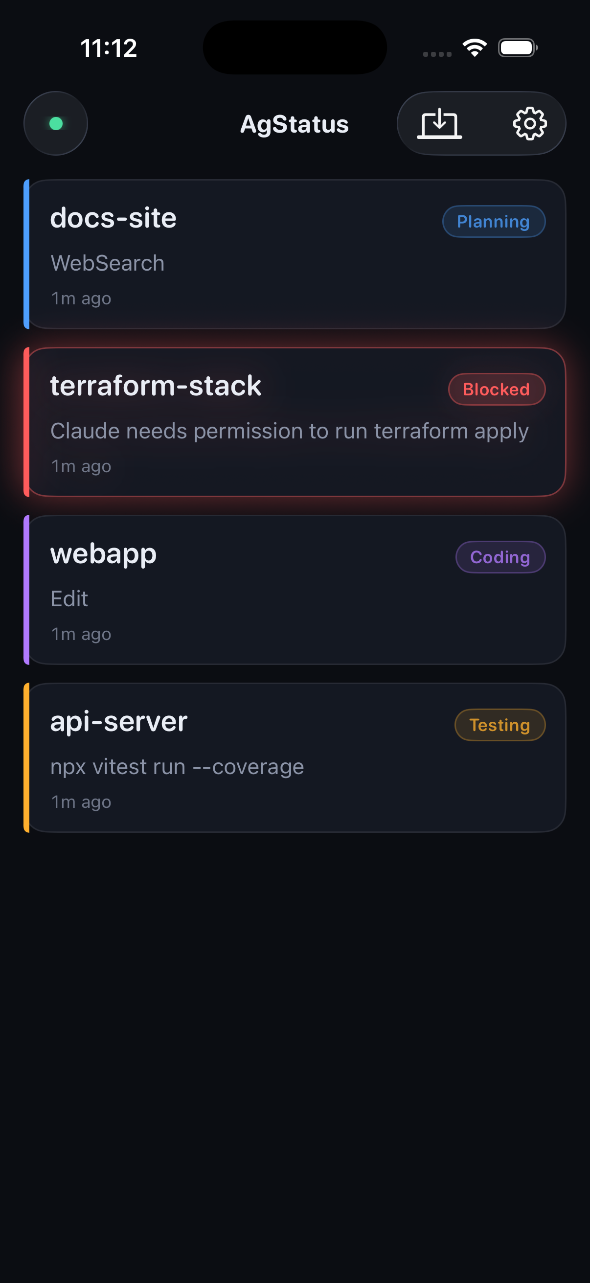 AgStatus iOS — live board with agent sessions