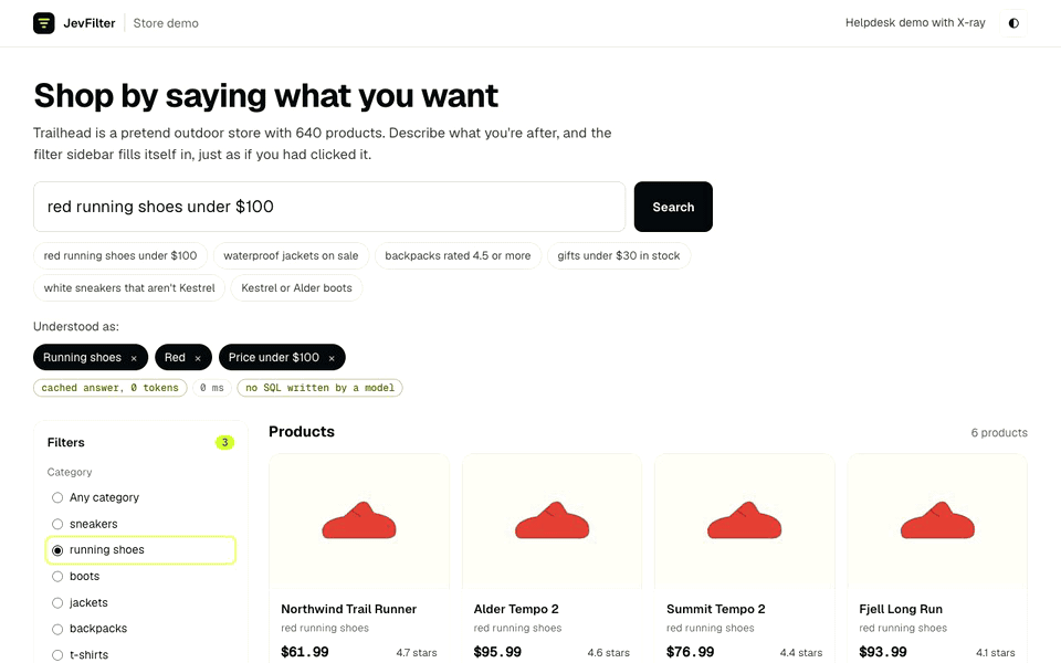 The JevFilter store demo: typing 'black waterproof boots under $130' fills in the category, color, waterproof and price filters and shows matching boots; removing a chip re-runs without a model call; 'Kestrel or Alder boots' is refused instead of guessed.