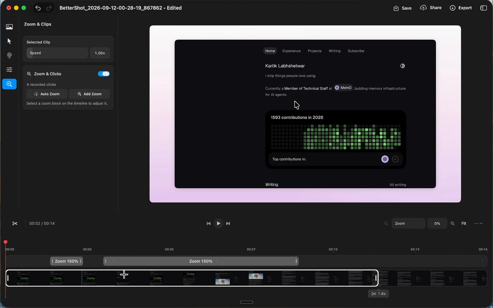 BetterShot video editor with zoom controls, a clip timeline, and cut markers