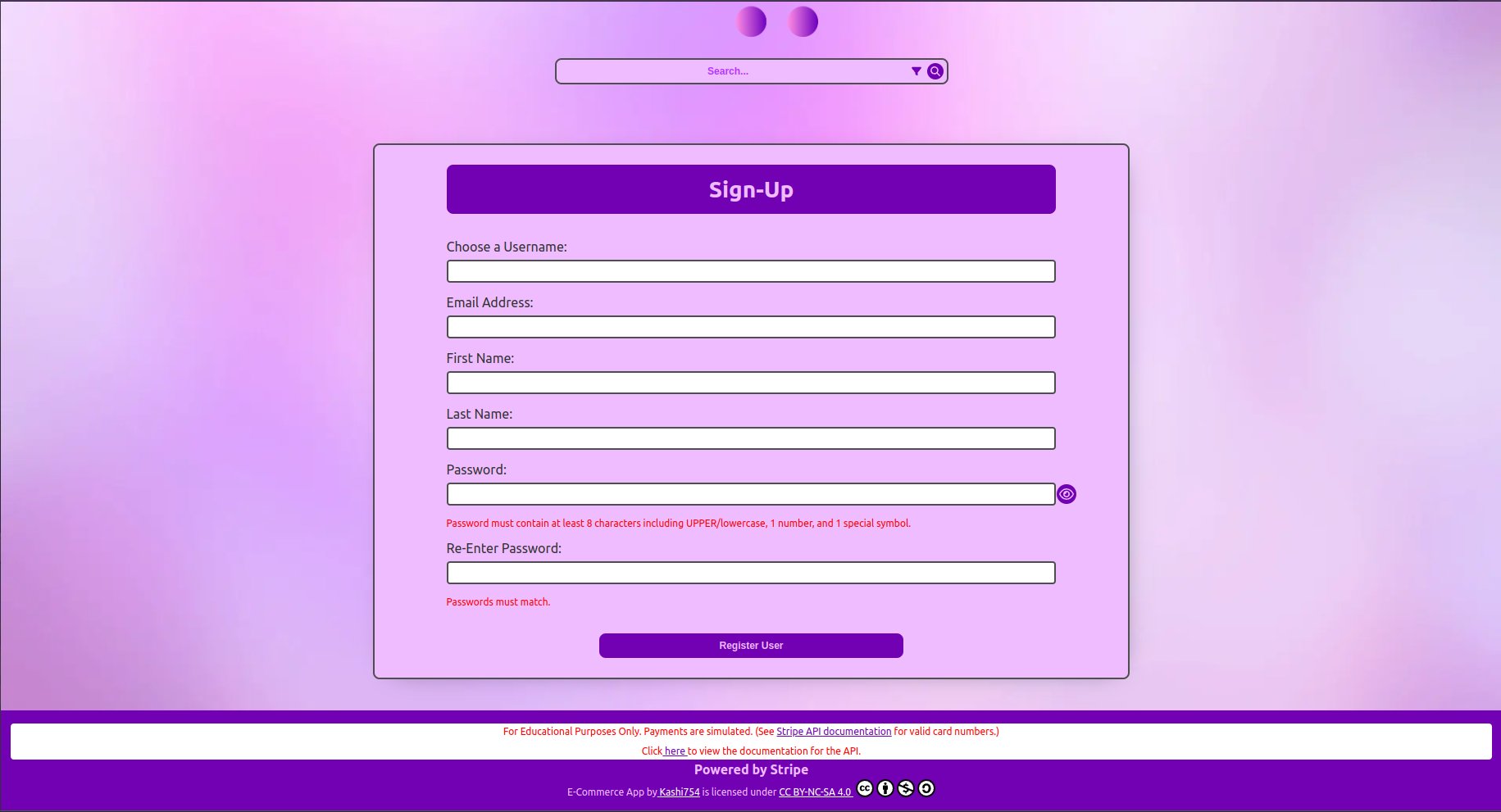 Registration page