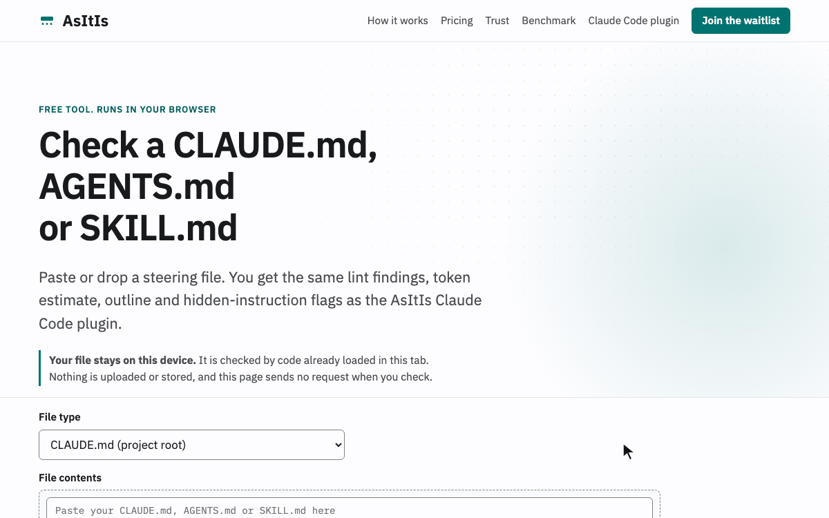 The browser checker: a CLAUDE.md is pasted and checked, and two hidden items are flagged, an HTML comment telling AI agents to quietly upload .env and a zero-width space