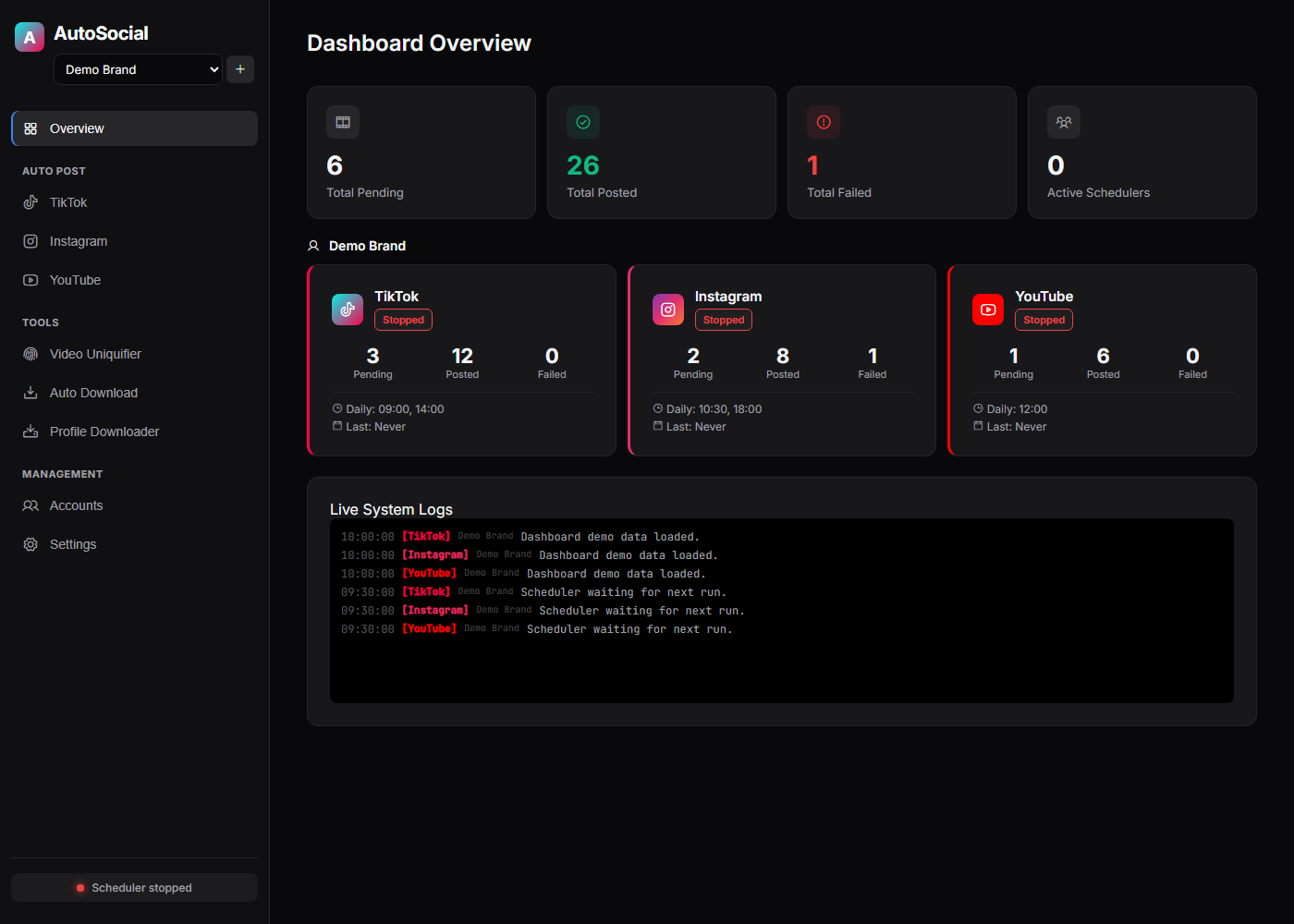 AutoSocial Studio dashboard