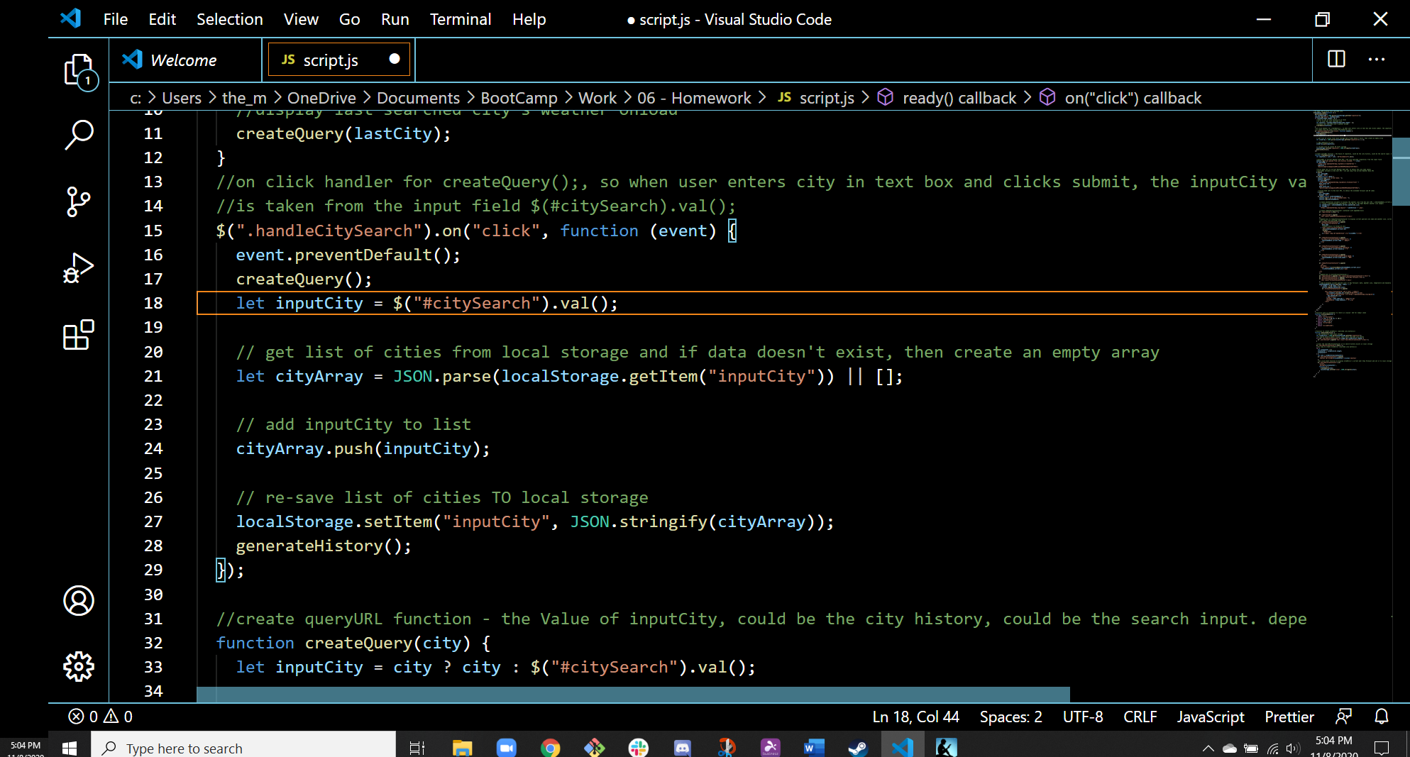 Screenshot of finalized JavaScript Code