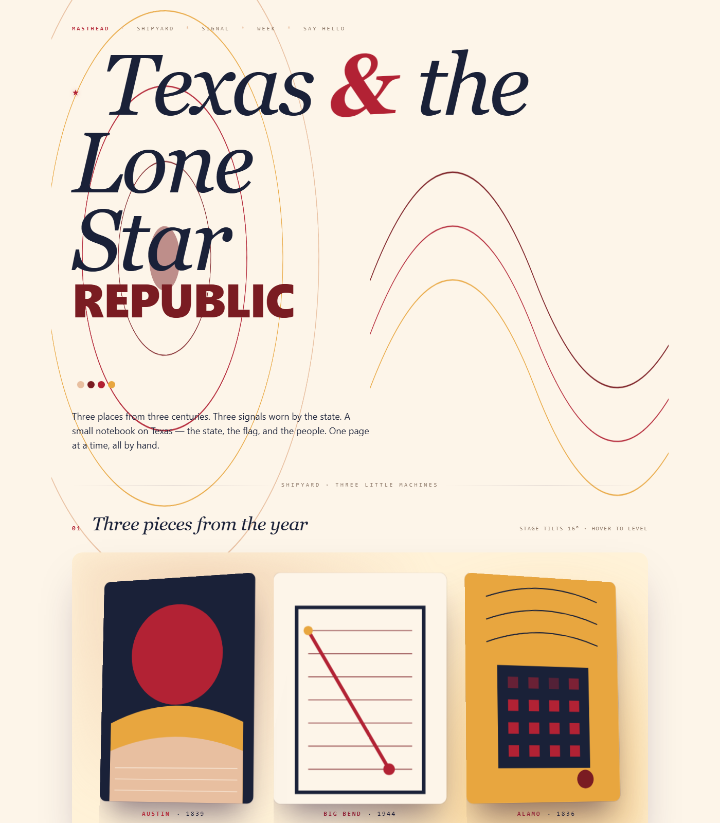 After: italic-serif editorial cover of the Texas notebook -- Texas & the Lone Star REPUBLIC in navy and star-red across a warm parchment ground, three drifting orbital arcs behind the type, three place-cards fanning out at plus-minus 16 degrees below
