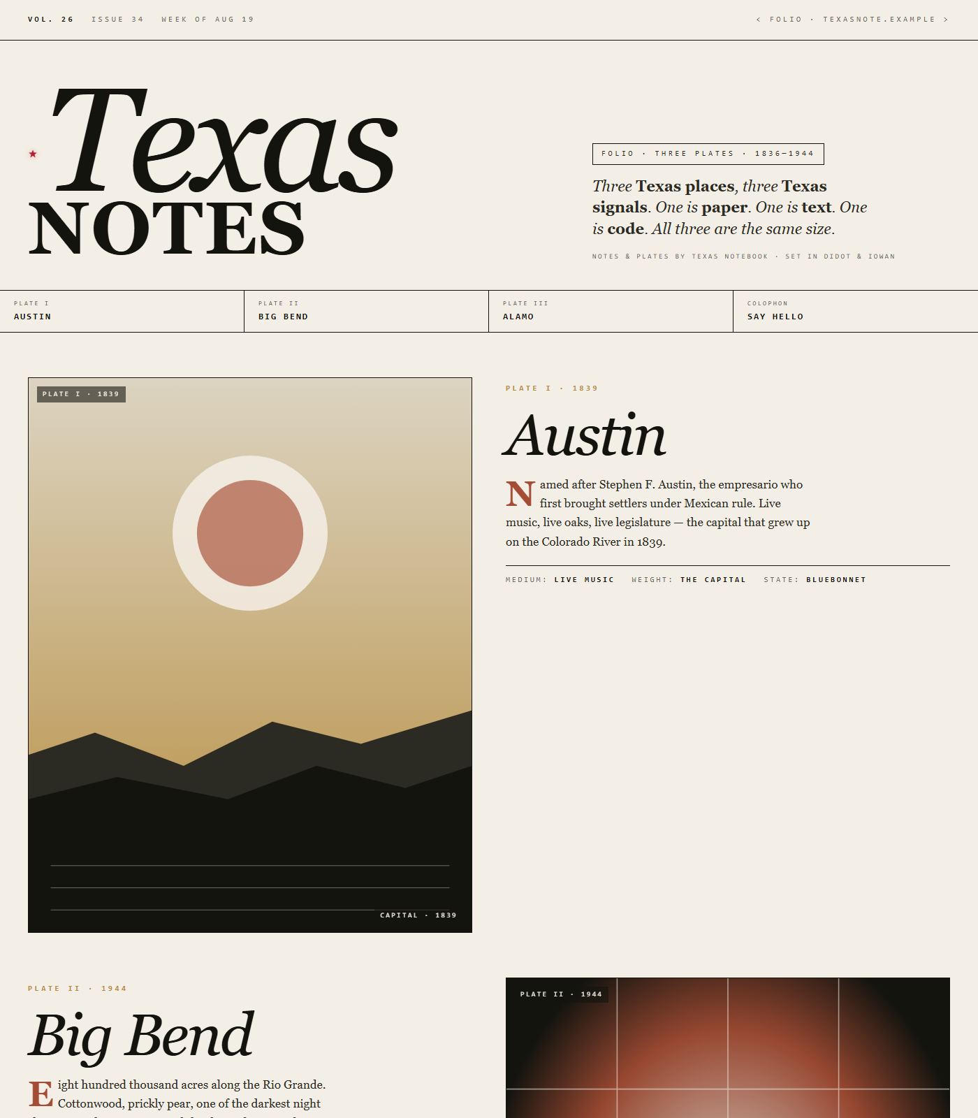 After: Didot magazine folio of the Texas notebook -- Texas slash NOTES nameplate in italic and caps, an index bar for four plates, three real SVG photographs of Austin at sunset and Big Bend at night and the Alamo mission, dropcap paragraphs, and caption strips