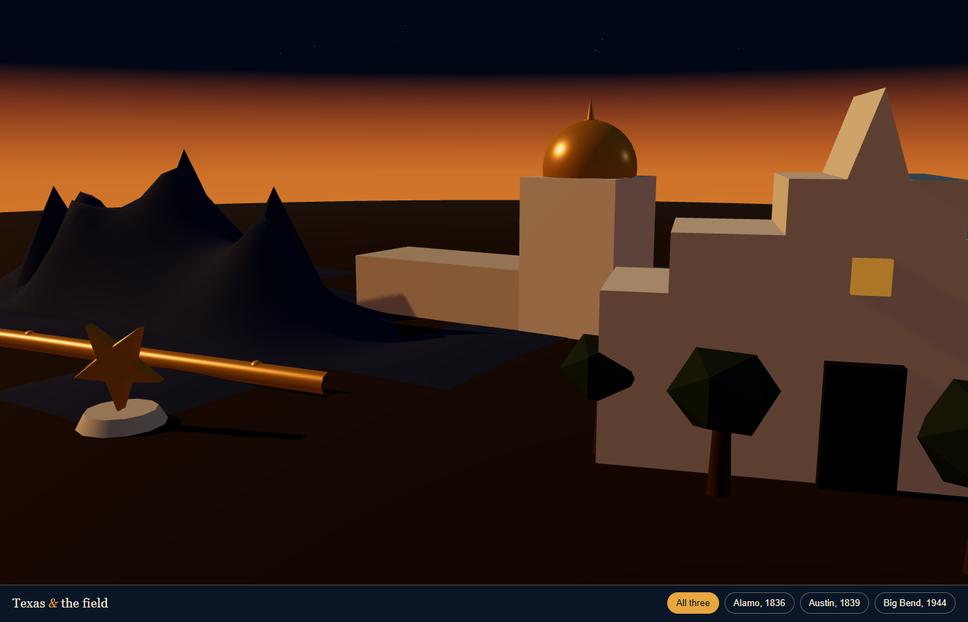After: Three.js field of the Texas notebook -- dusk ground, mission, capitol, ridge, gold star