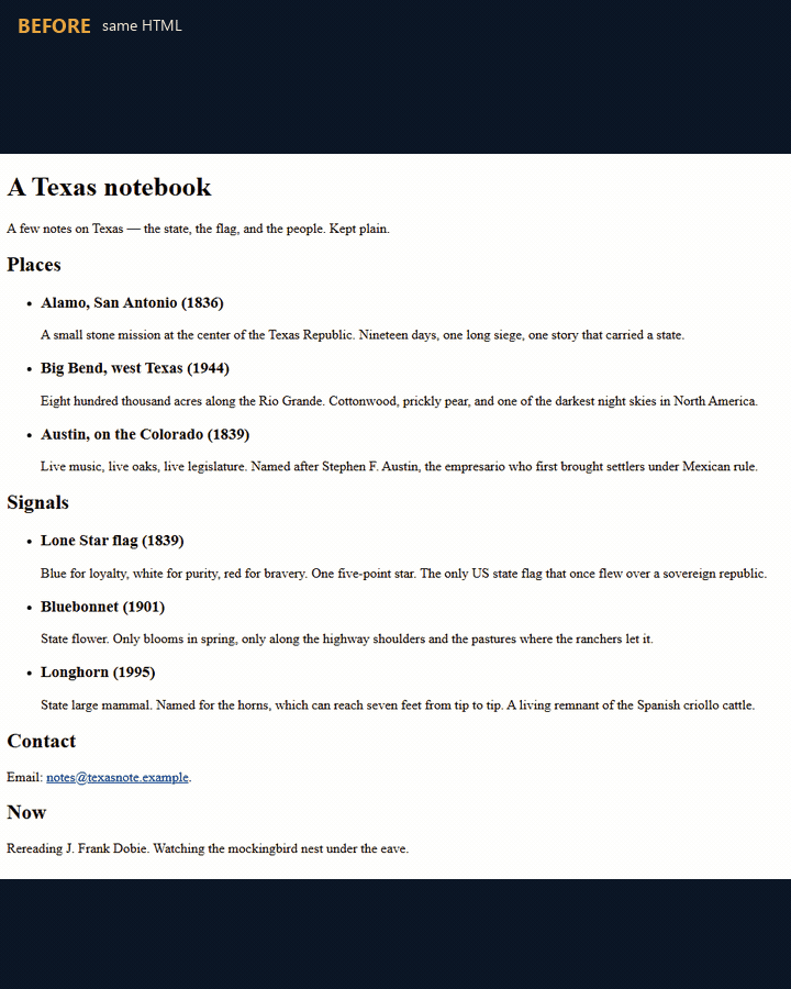 same naive Texas HTML, then full-page afters: webpage tokens, infographic, SVG, Three.js, simulation