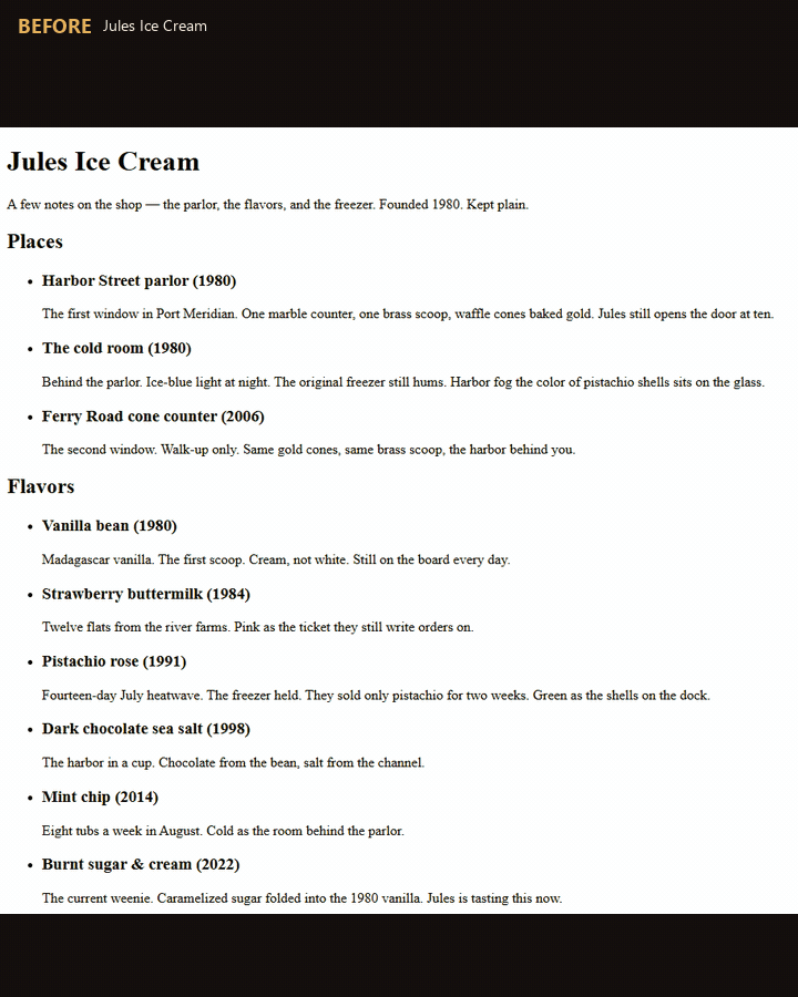 same naive Jules HTML, then full-page afters: parlor, tokens, infographic, SVG, Three.js, simulation