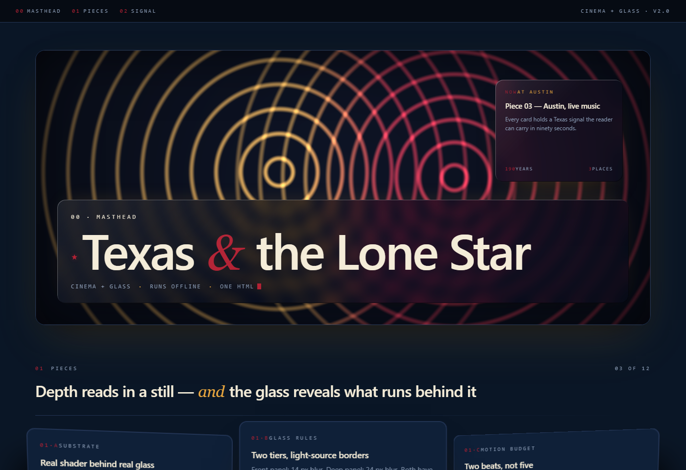 After: two glass tiers over a running Texas sunset shader -- front tier over the masthead and a deep tier over an Austin data tile, with three reader cards below explaining substrate glass-rules motion-budget