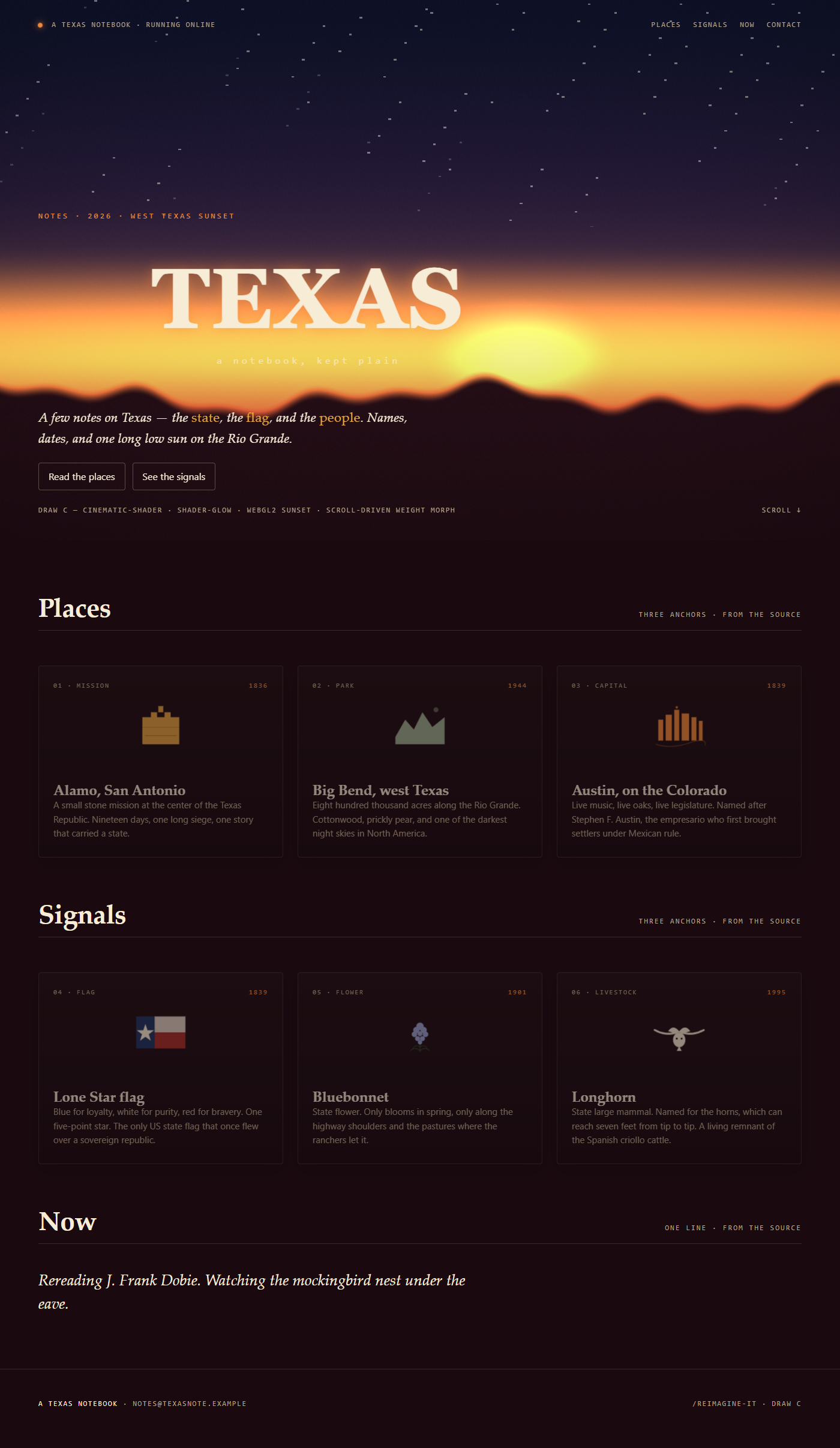 After Draw C: cinematic Texas reader with a full-bleed WebGL2 west-Texas sunset -- dusk-navy sky with a twinkling star field, warm orange horizon, sun disc off-center, low mountain silhouette, cream TEXAS wordmark with an orange glow over the horizon, italic serif subhead, and six content-derived plates below for Alamo Big Bend Austin Lone-Star Bluebonnet and Longhorn