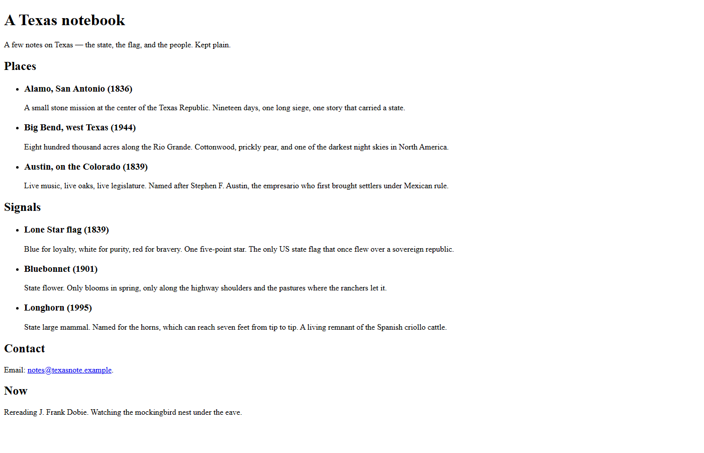 Before: raw HTML of A Texas notebook -- Times New Roman, single column, no color, no motif, ~40 lines of untouched markup