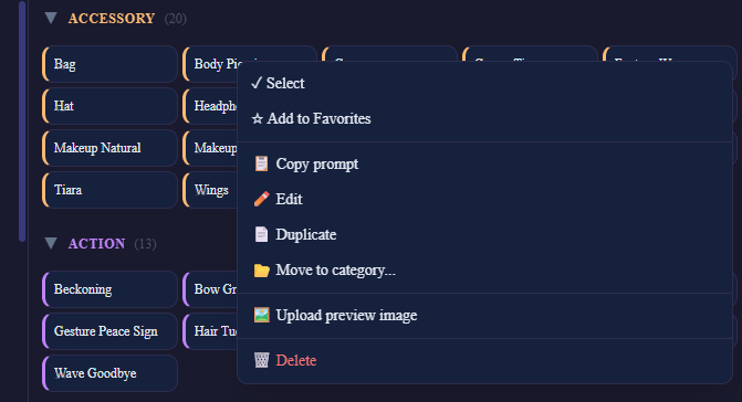 Style card context menu