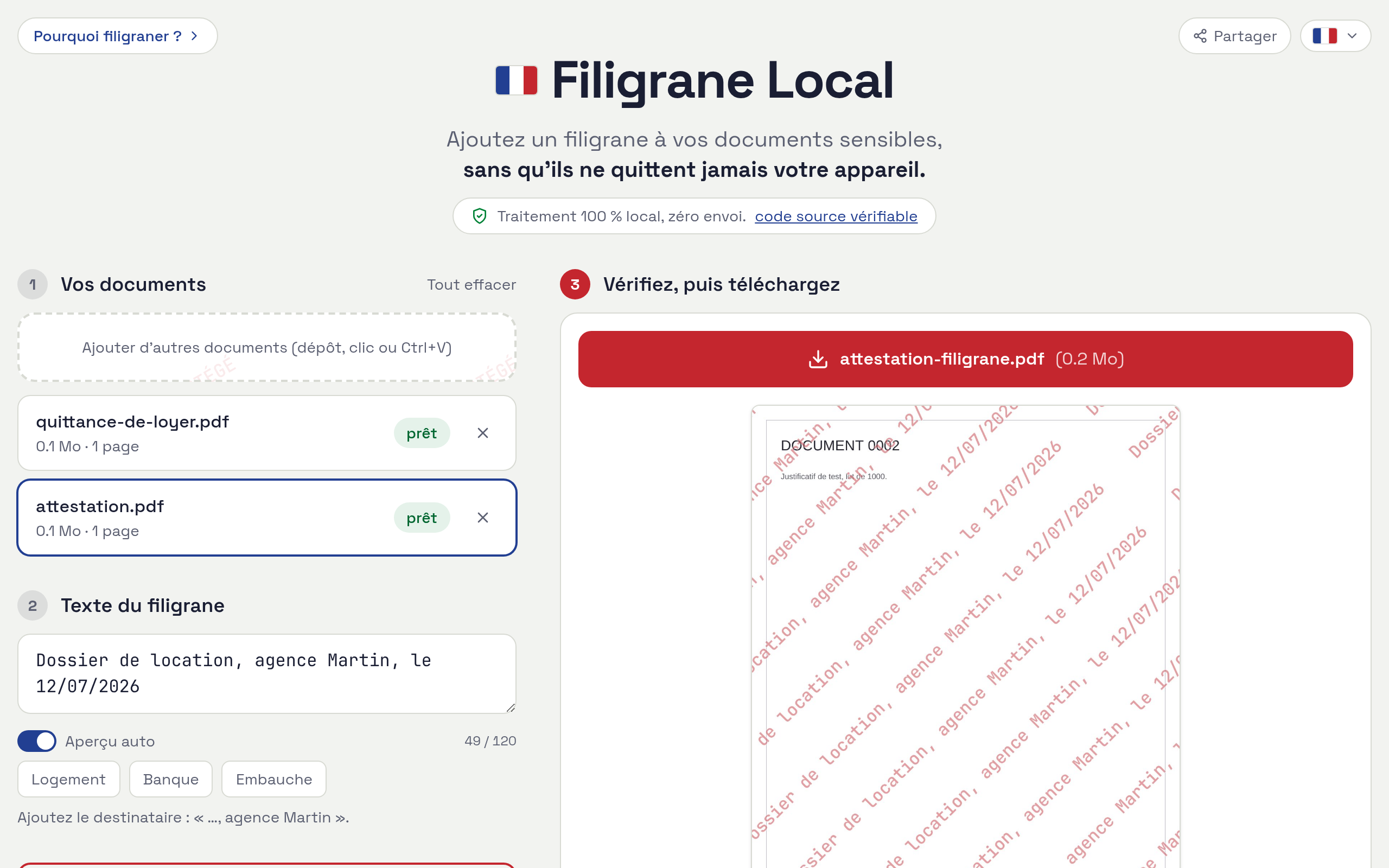 Filigrane Local : un PDF filigrané localement