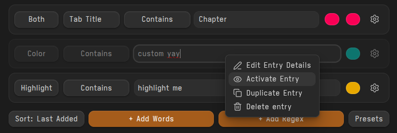 Deactivating an entry from the Colored Texts tab