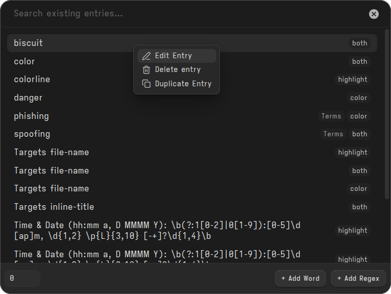 Add to Existing Entry menu option