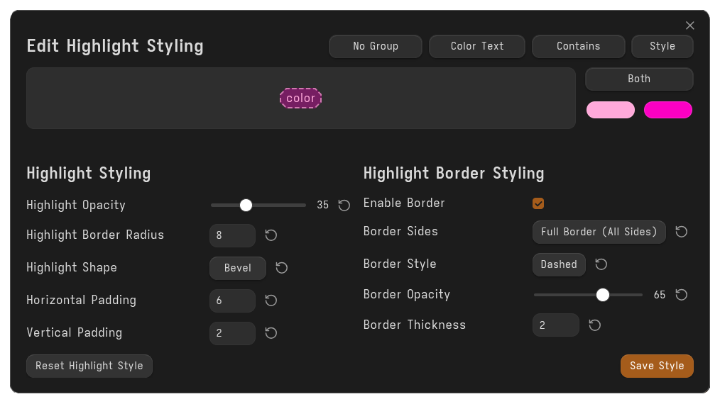 Edit Highlight Styling modal with border, corner, and transparency options