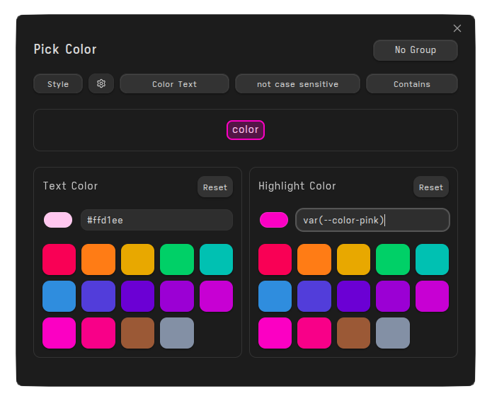 Unified color picker modal with hex input, variation slider, and panels