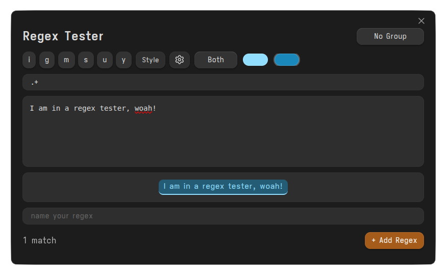 Regex Tester modal previewing a regular expression