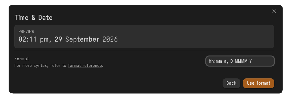 Time & Date preset modal with moment.js format input