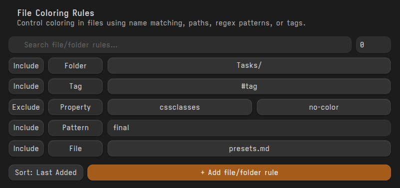 Settings rules for including and excluding files and folders