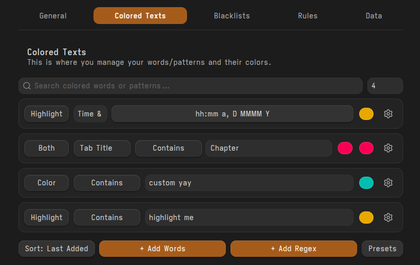Colored Texts settings tab with search and sort options