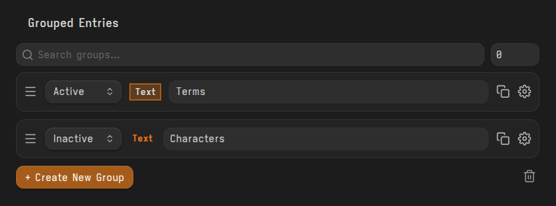 Grouped entries in the settings tab