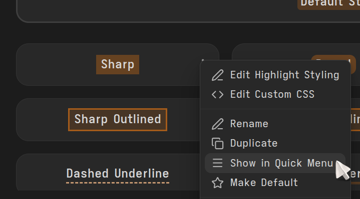 Show in Quick Menu option in the Edit Text Presets modal