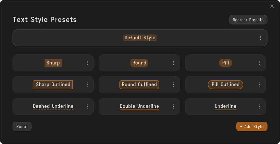 Style button and saved style presets in a modal