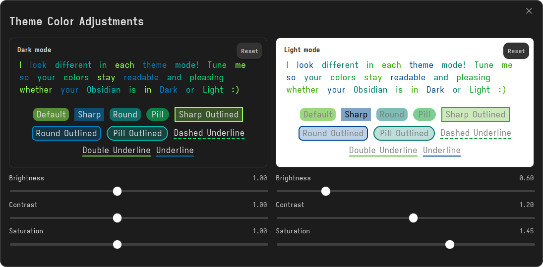 Theme color adjustment settings for dark and light modes