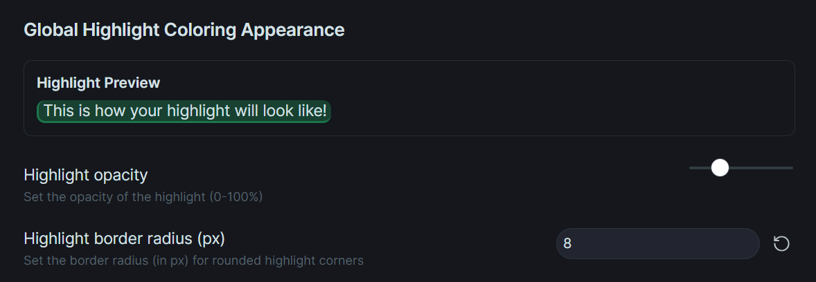 Plugin Settings Highlight Appearance Section