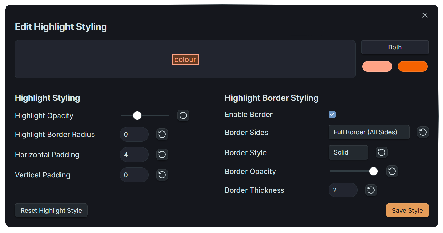 Edit Highlight Styling Modal