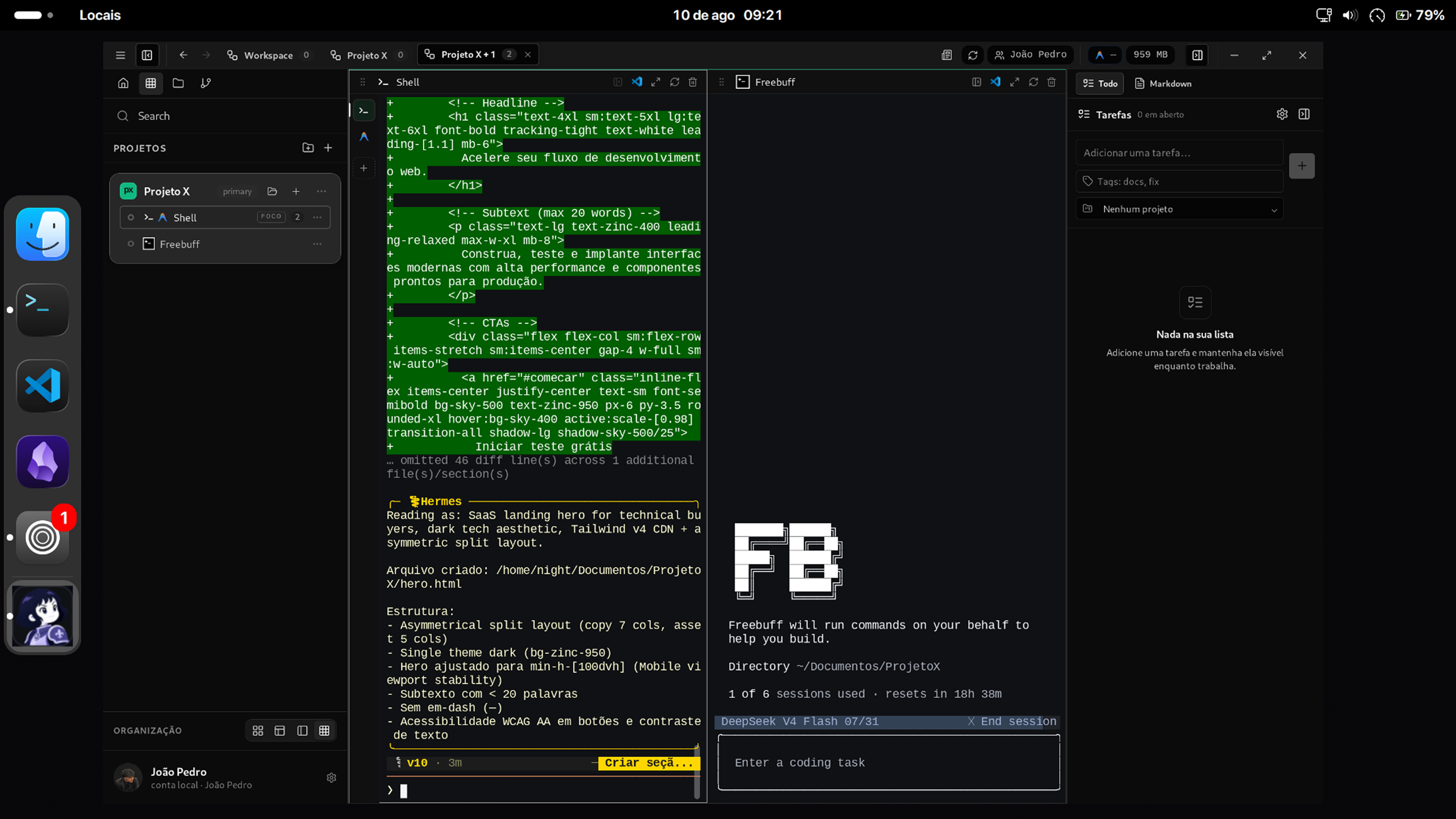 Linux 데스크톱에서 Alethe가 Shell, Freebuff, Markdown과 작업 목록을 나눈 다중 패널 작업공간으로 실행되고 있습니다.