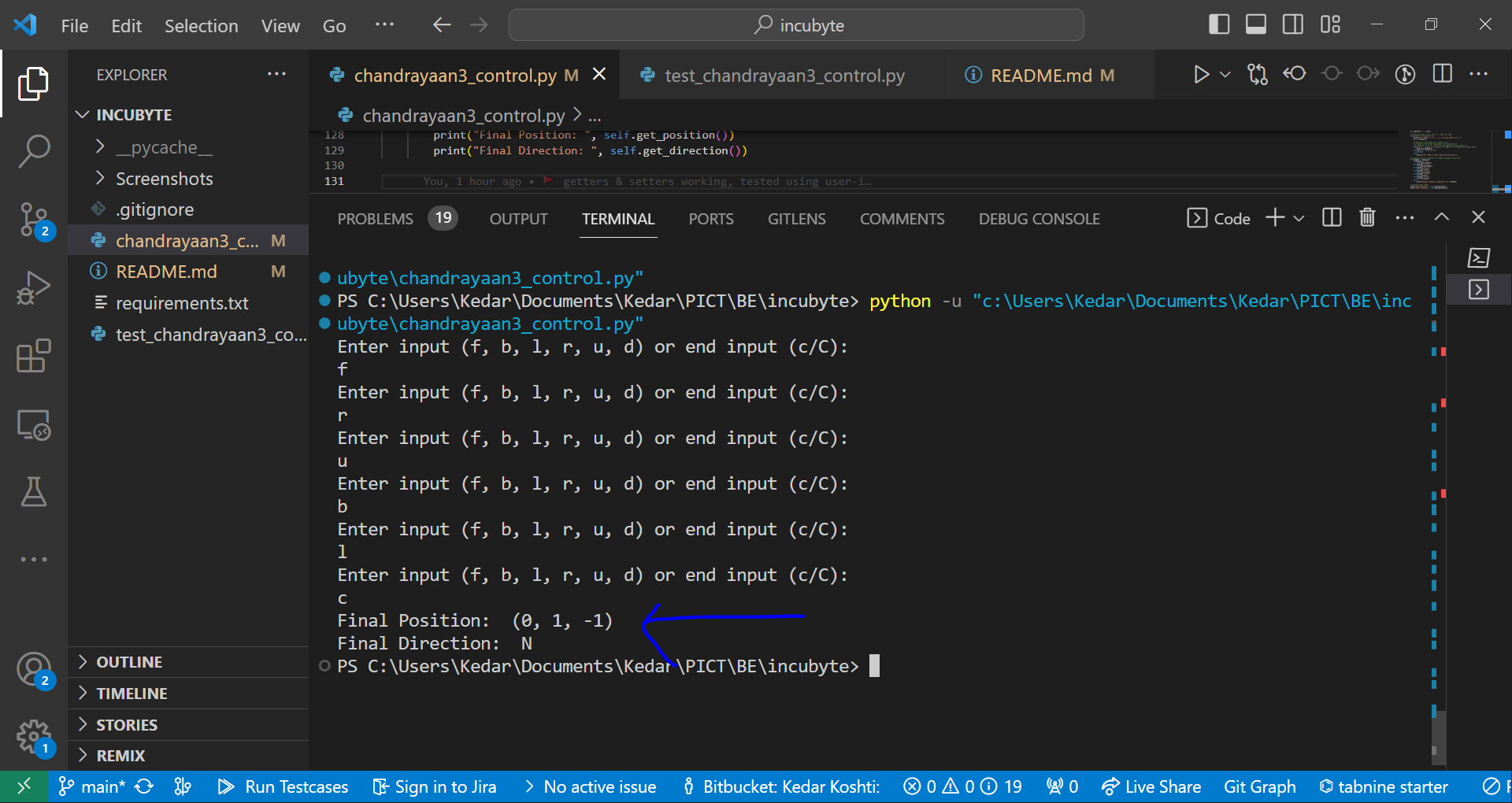 running chandrayaan3_control.py programme, giving input getting correct output