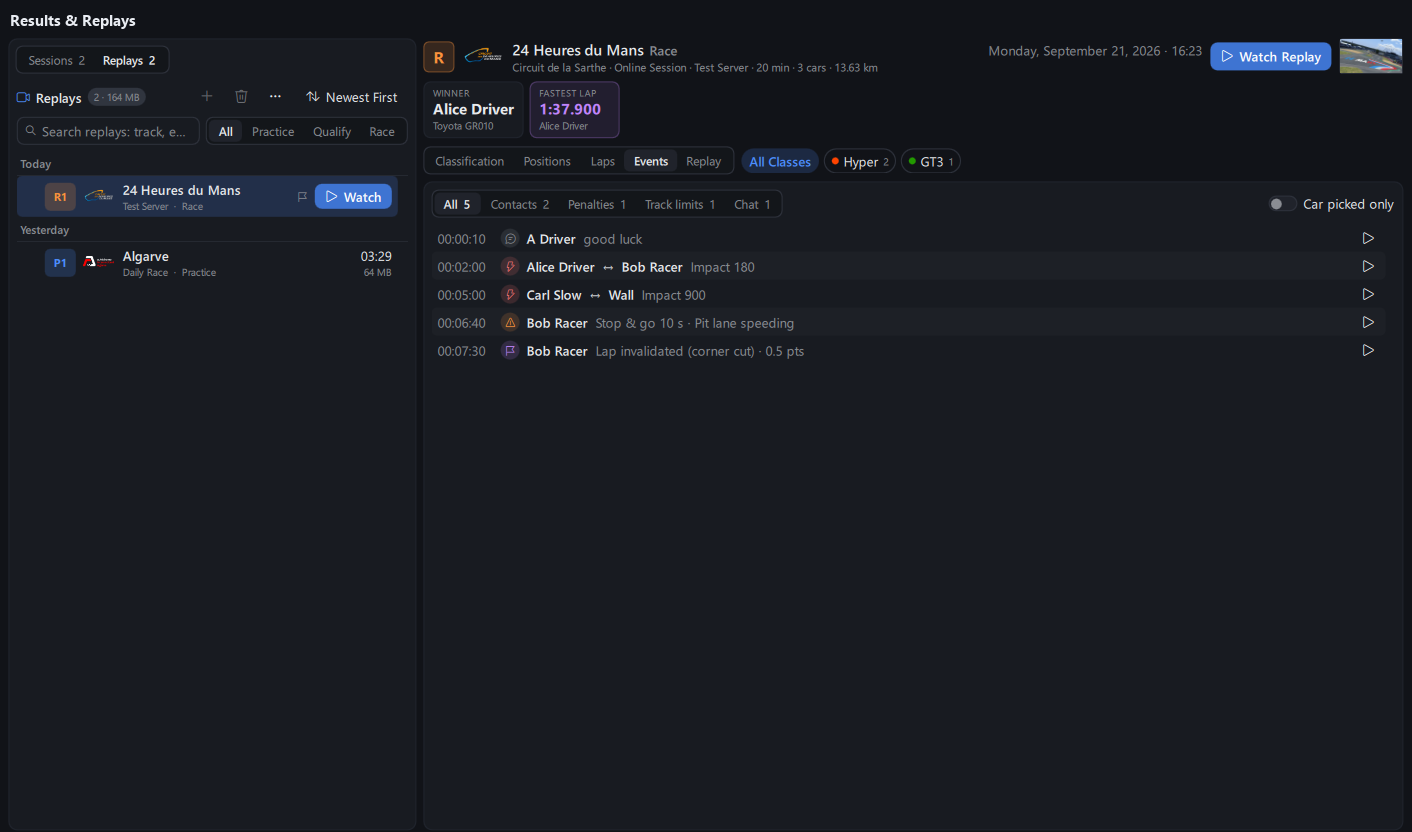 Results & Replays: replays linked to their results