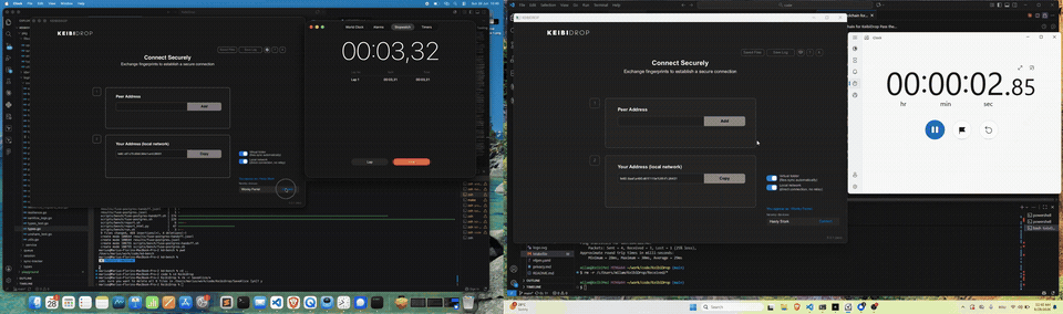 KeibiDrop demo, Mac and Windows side by side. Click to watch on YouTube with sound.