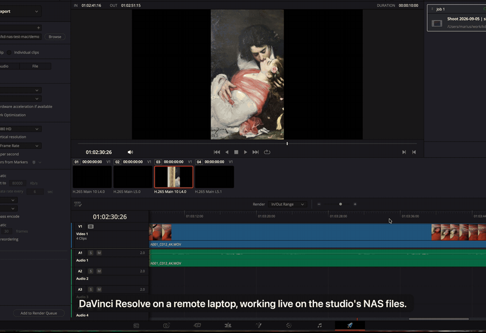 DaVinci Resolve scrubbing a 4K timeline whose clips live on a NAS 400 km away. The thumbnails fill in as the playhead moves; only the touched parts cross the internet. Click to watch the two minute demo on YouTube.