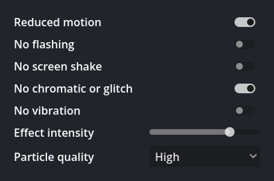 The shipped accessibility panel: five switches, an effect intensity slider and a particle quality menu