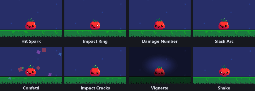 Eight tiles of the tomato on grass, each playing one effect in turn: Hit Spark, Impact Ring, Damage Number, Slash Arc, Confetti, Impact Cracks, Vignette and Shake