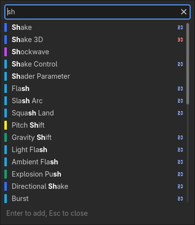 The Add Effect picker filtered by sh, matching letters in bold