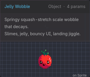 The hover panel for Jelly Wobble, its preview wobbling a copy of the tomato sprite