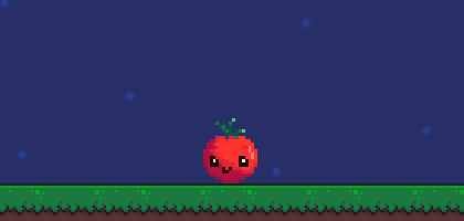 A pixel-art tomato hops: it stretches as it takes off, leaves a ghost trail, sparkles at the top, squashes on landing and wobbles
