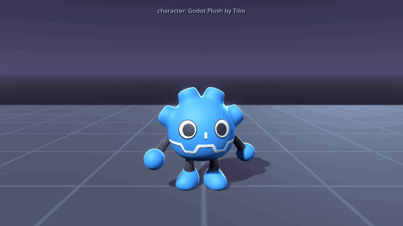The Godot plush waves, runs a lap, jumps and lands, with Juicee effects on each moment