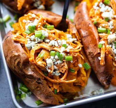 Buffalo Chicken Stuffed Sweet Potatoes